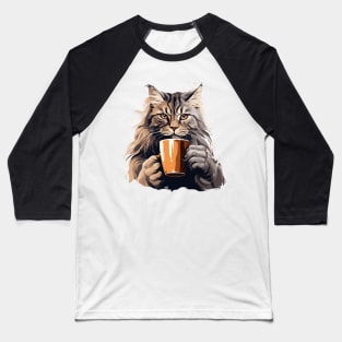 Maine Coon Cat Drinking Coffee Baseball T-Shirt